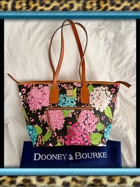 Dooney & Bourke Black Floral Hydrangea Tote with Brown Trim
